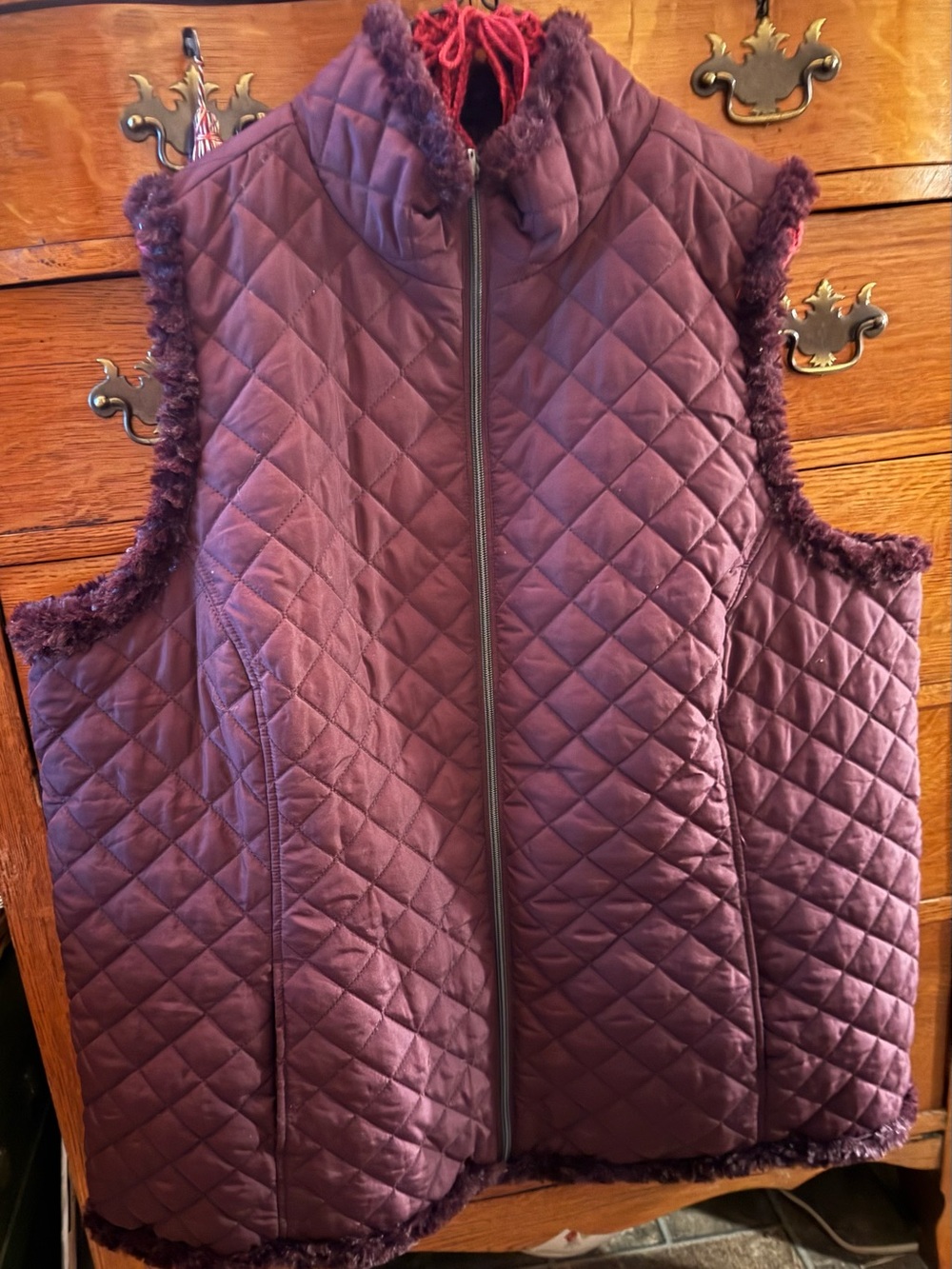 Denim & Co Reversable Quilted Faux-Fur Trim Vest in Plum